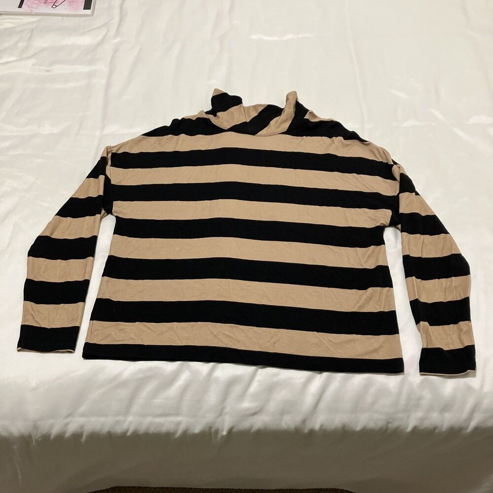 Chicos Striped Top Brown Black Stretchy 1/4 Zip Chico's Size 2 = L (12)